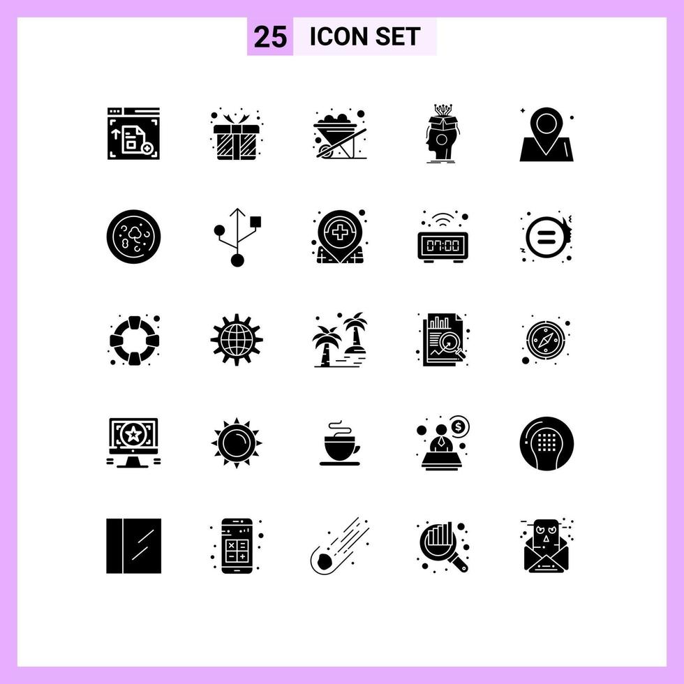 Group of 25 Solid Glyphs Signs and Symbols for way location gardening head brain Editable Vector Design Elements