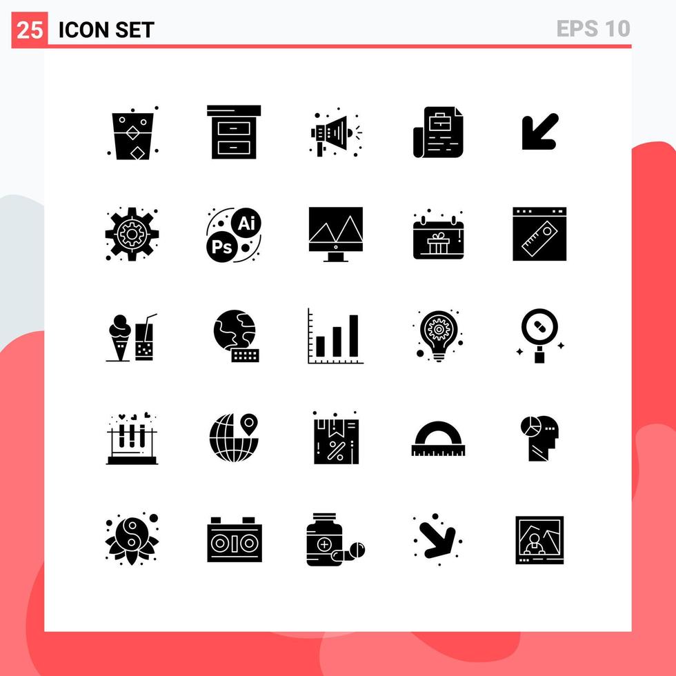 Pictogram Set of 25 Simple Solid Glyphs of left arrow announce bag job Editable Vector Design Elements