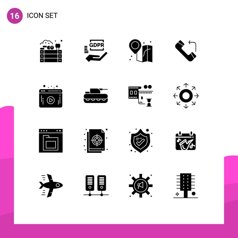 Editable Vector Line Pack of 16 Simple Solid Glyphs of cannon web beach video call Editable Vector Design Elements