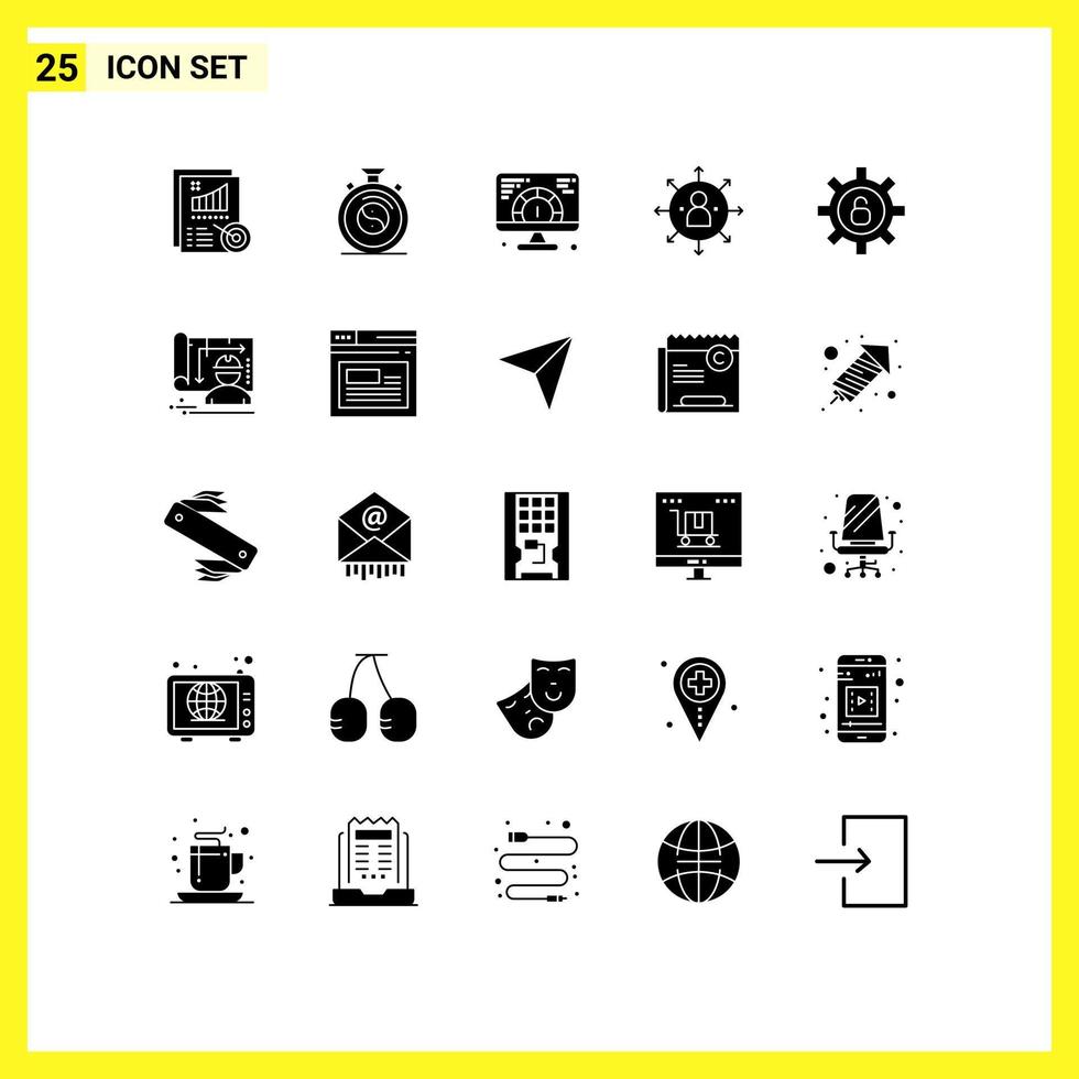 25 Universal Solid Glyphs Set for Web and Mobile Applications protection job speed employee abilities Editable Vector Design Elements