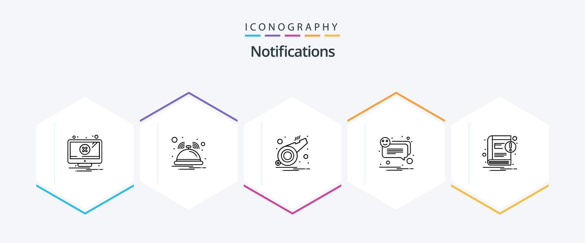 Notifications 25 Line icon pack including ebook. smile. alarm