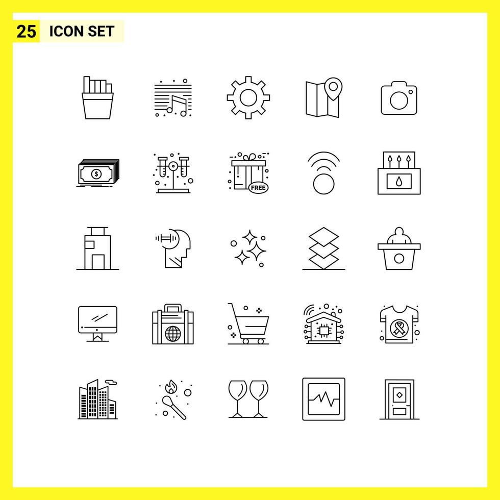 25 Thematic Vector Lines and Editable Symbols of cash photo gear image pin Editable Vector Design Elements