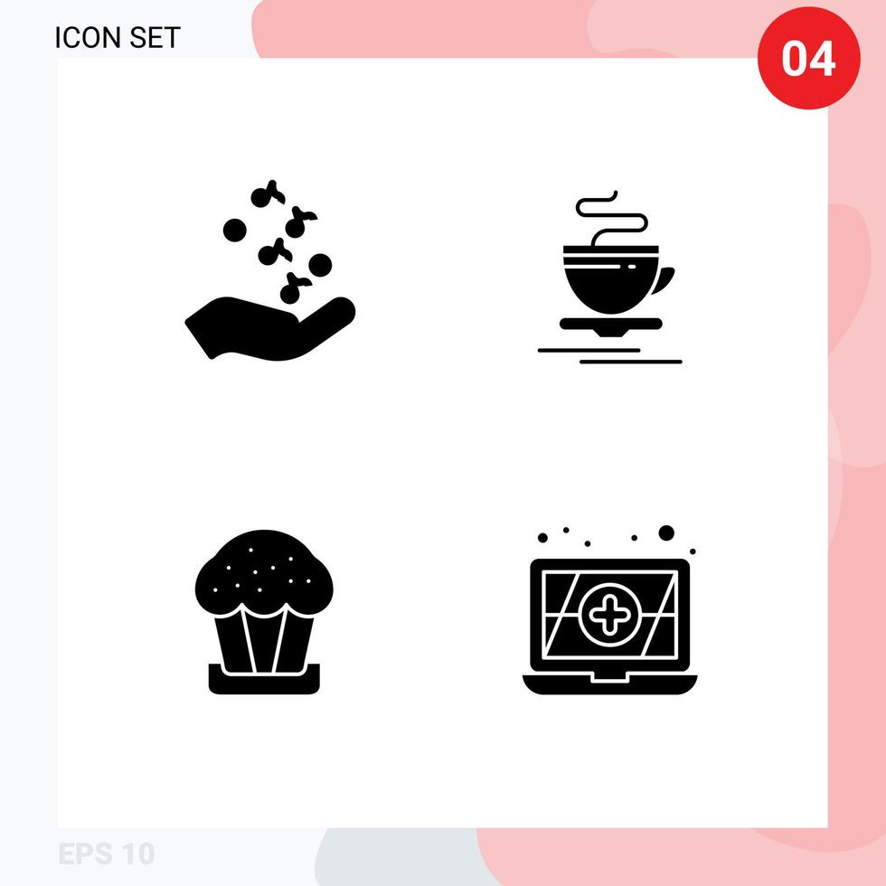 4 Universal Solid Glyphs Set for Web and Mobile Applications fist cake rock cup food Editable Vector Design Elements