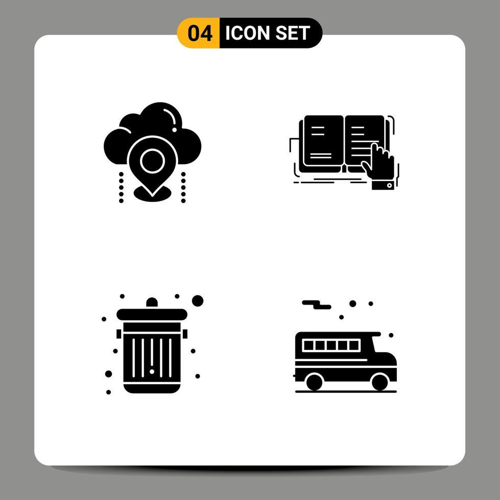 Set of 4 Vector Solid Glyphs on Grid for location reading map lesson dustbin Editable Vector Design Elements