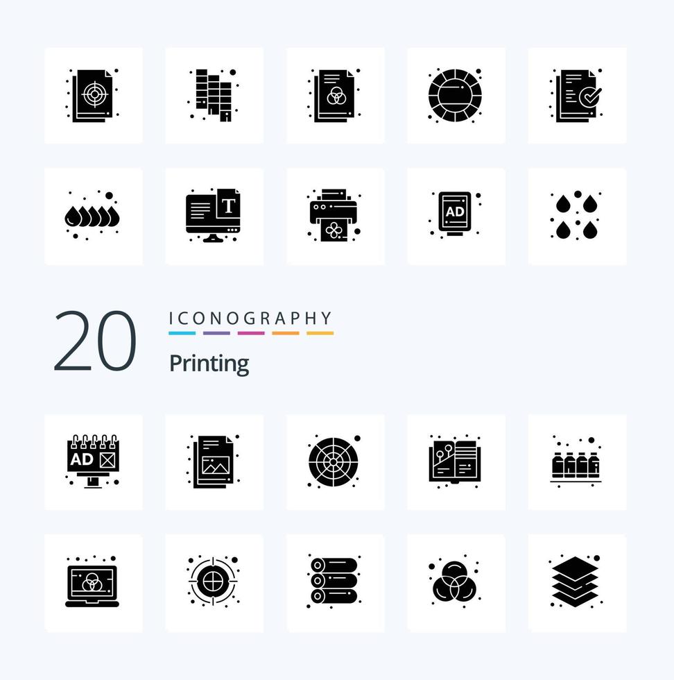 20 Printing Solid Glyph icon Pack like ink bottle color palette painting book design vector