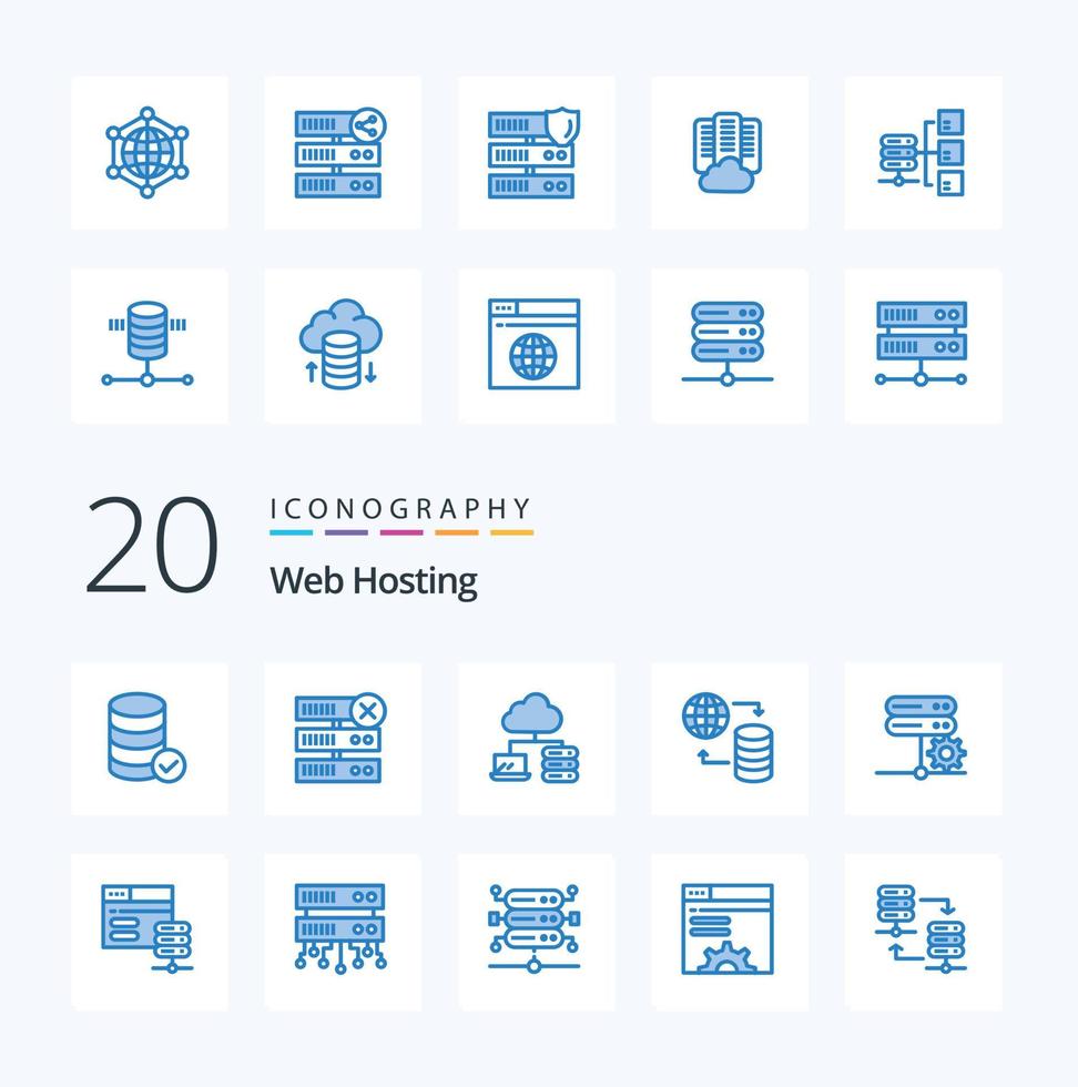 20 Web Hosting Blue Color icon Pack like setting network network database service vector