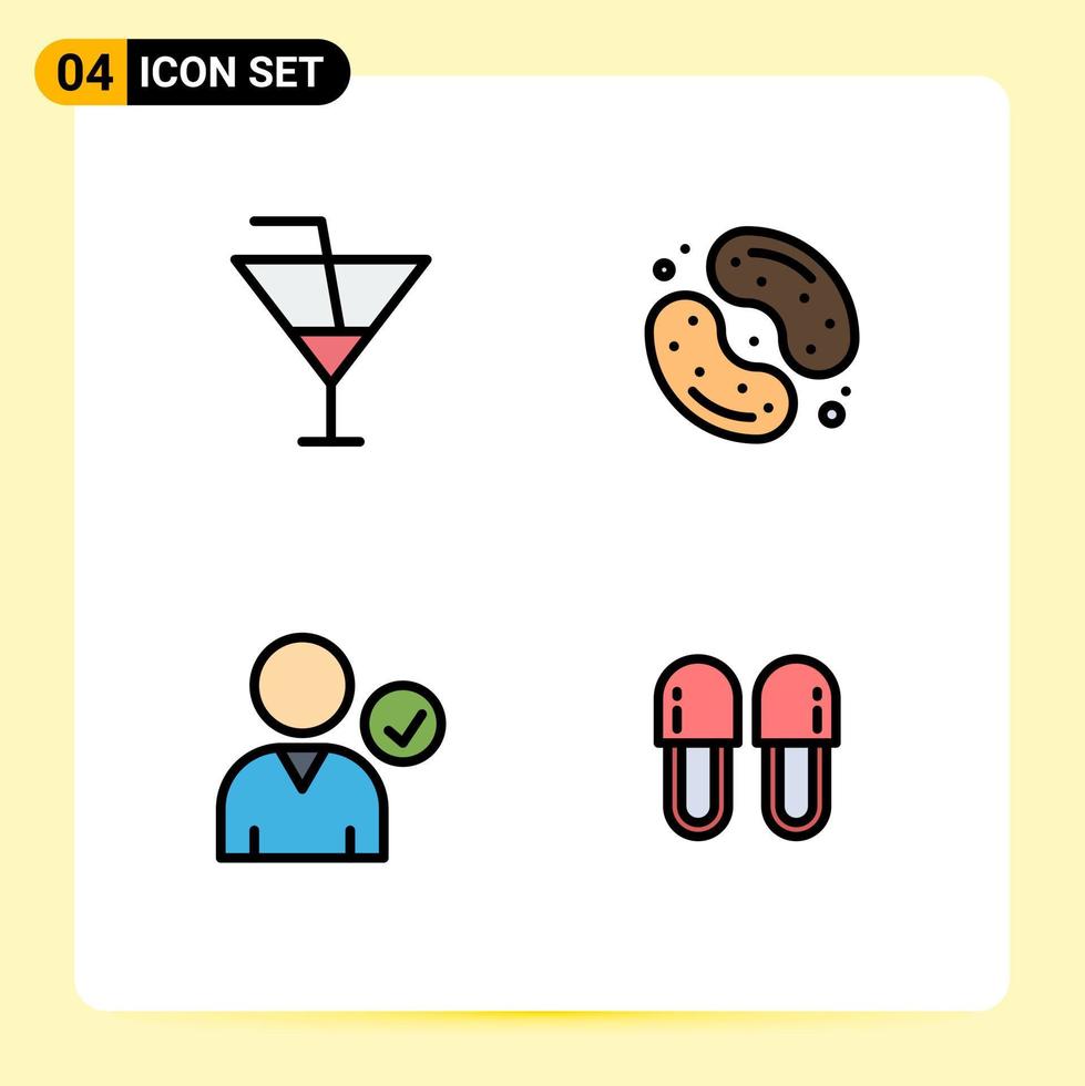 4 User Interface Filledline Flat Color Pack of modern Signs and Symbols of drink check party food use Editable Vector Design Elements