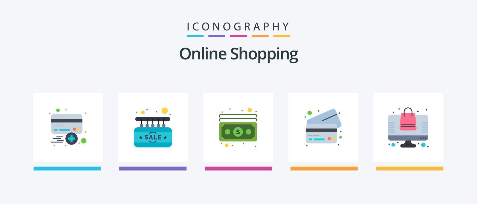 Online Shopping Flat 5 Icon Pack Including online. credit. door. cards. payment. Creative Icons Design vector