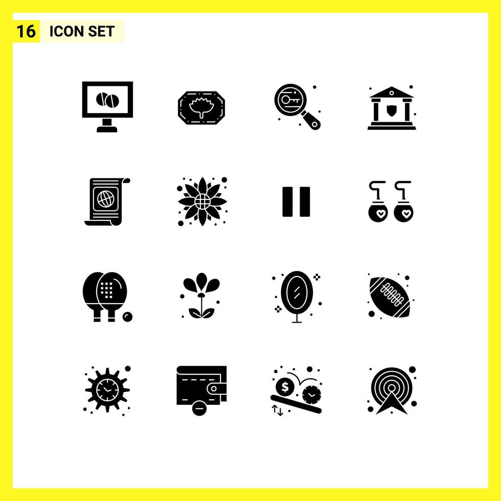 16 User Interface Solid Glyph Pack of modern Signs and Symbols of target goal research shield insurance Editable Vector Design Elements