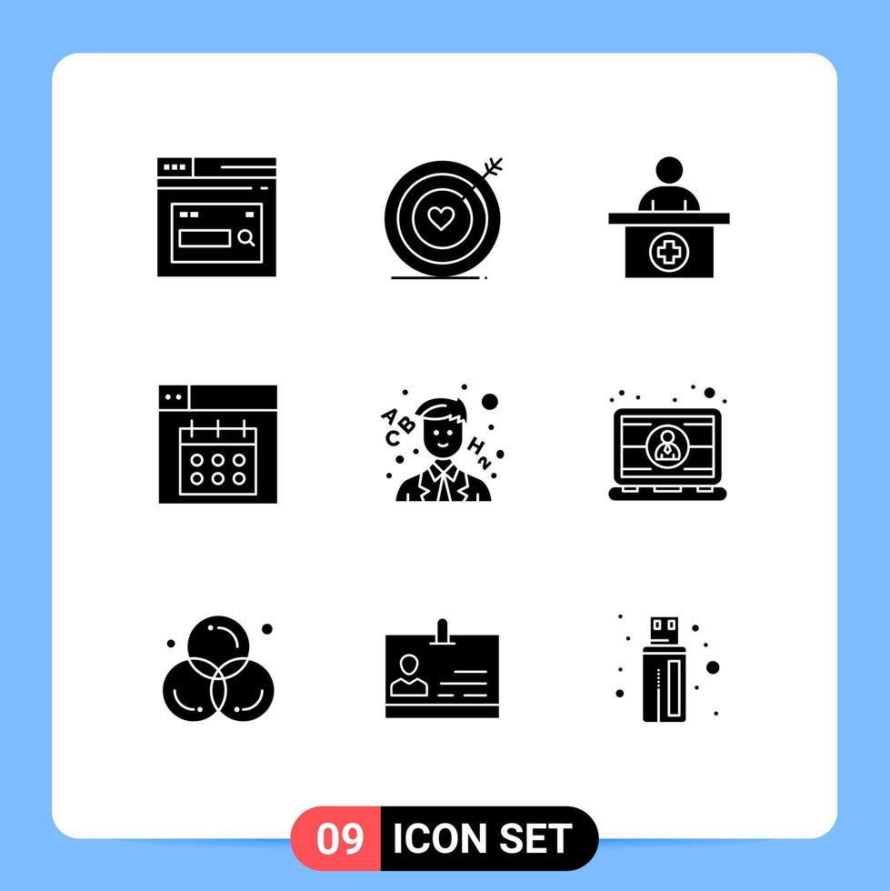 Mobile Interface Solid Glyph Set of 9 Pictograms of learn calendar wedding design medical appointment Editable Vector Design Elements