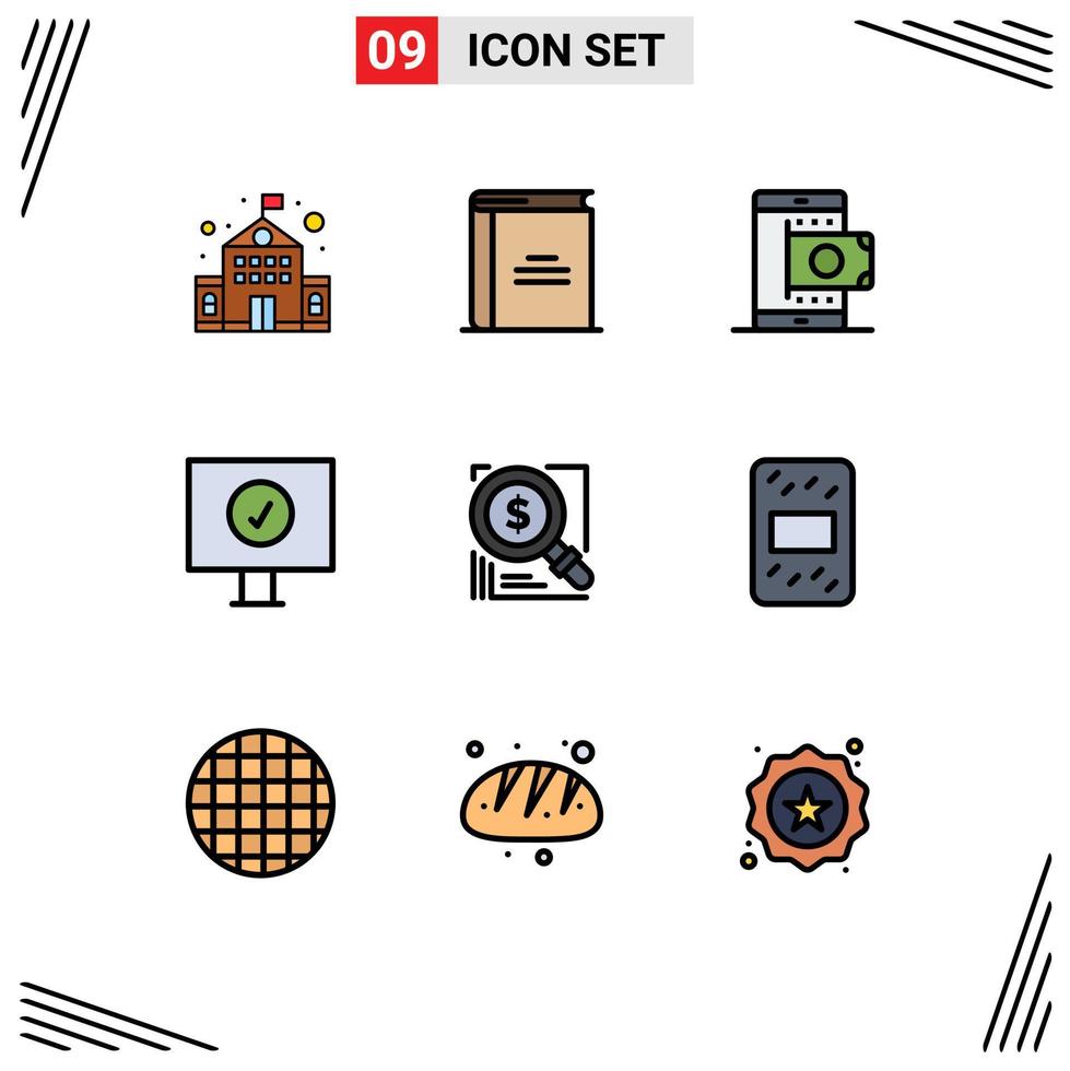 Filledline Flat Color Pack of 9 Universal Symbols of dollar protection mobile computer smartphone Editable Vector Design Elements