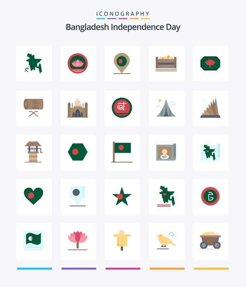 día de la independencia de bangladesh creativo 25 paquete de iconos planos como el tambor. monograma de bangladesh. mapa. etiqueta de bangladesh. caja vector