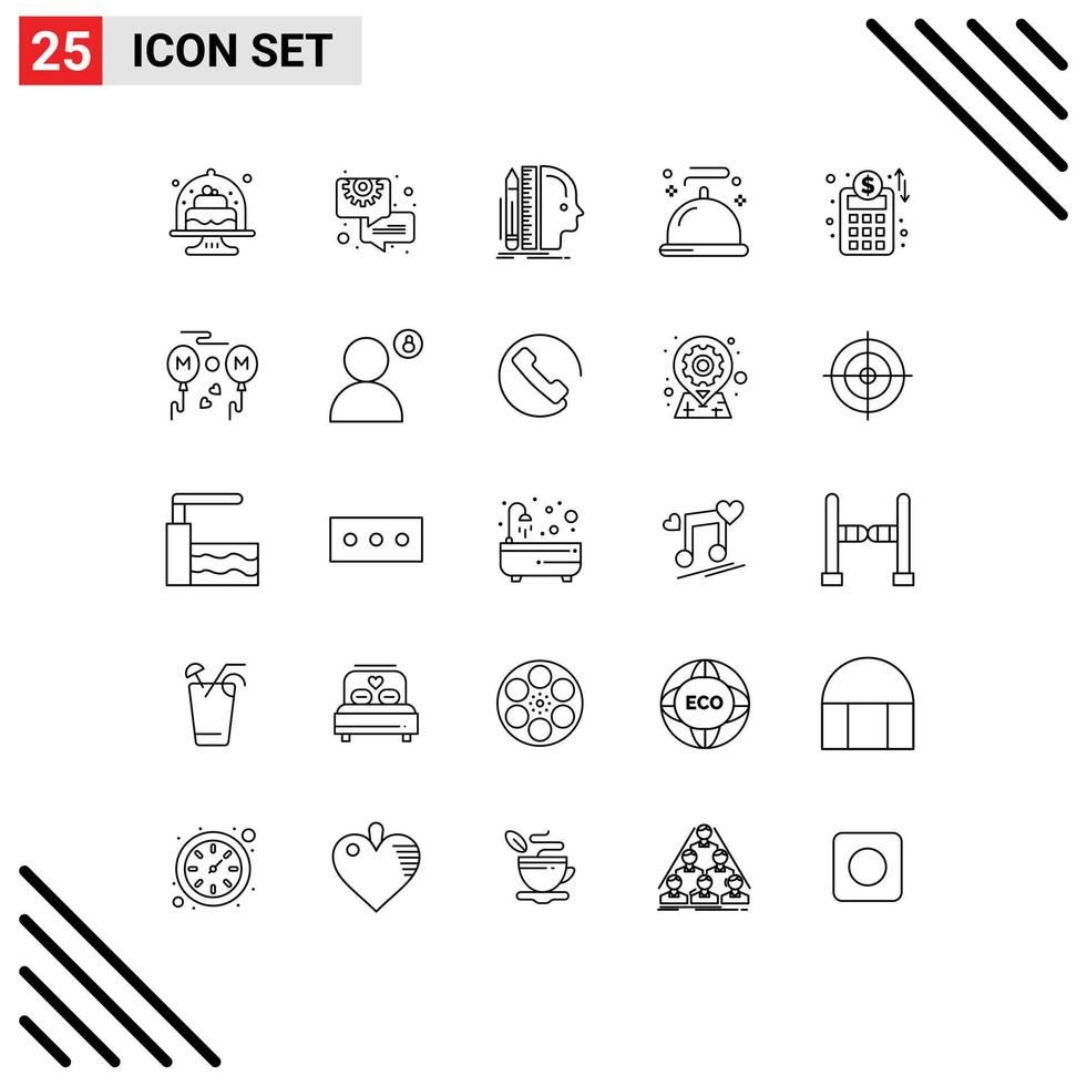 Line Pack of 25 Universal Symbols of service menu gear food size Editable Vector Design Elements