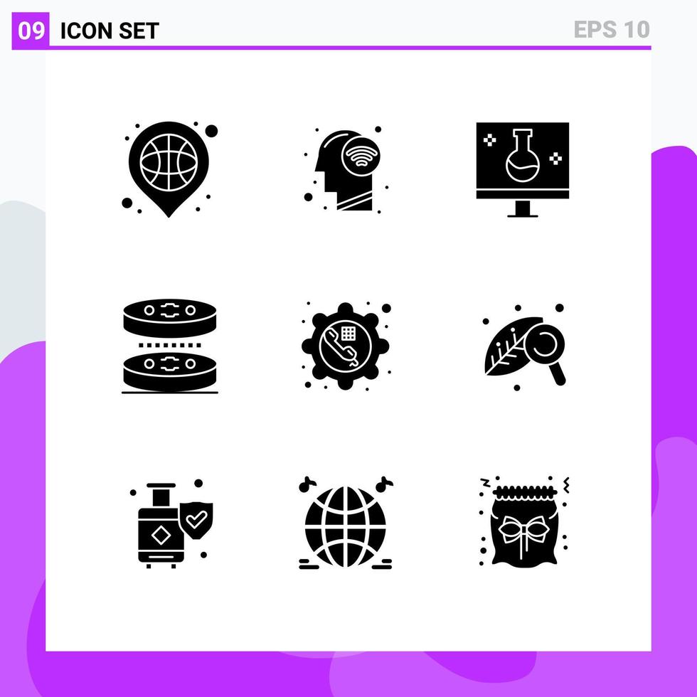 Mobile Interface Solid Glyph Set of 9 Pictograms of science biology wifi signal bacteria echography Editable Vector Design Elements