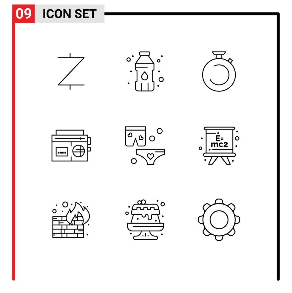 9 paquete de contorno de interfaz de usuario de signos y símbolos modernos de elementos de diseño de vector editables de cinta de música de reloj de medios de amor