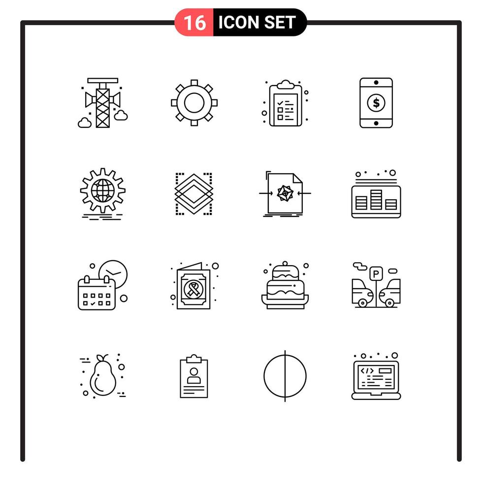 Pack of 16 creative Outlines of world wide business check list international mobile Editable Vector Design Elements