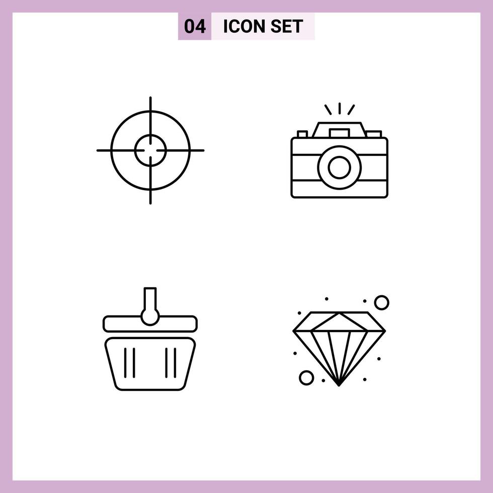 Editable Vector Line Pack of 4 Simple Filledline Flat Colors of aim shapping camera picture diamond Editable Vector Design Elements
