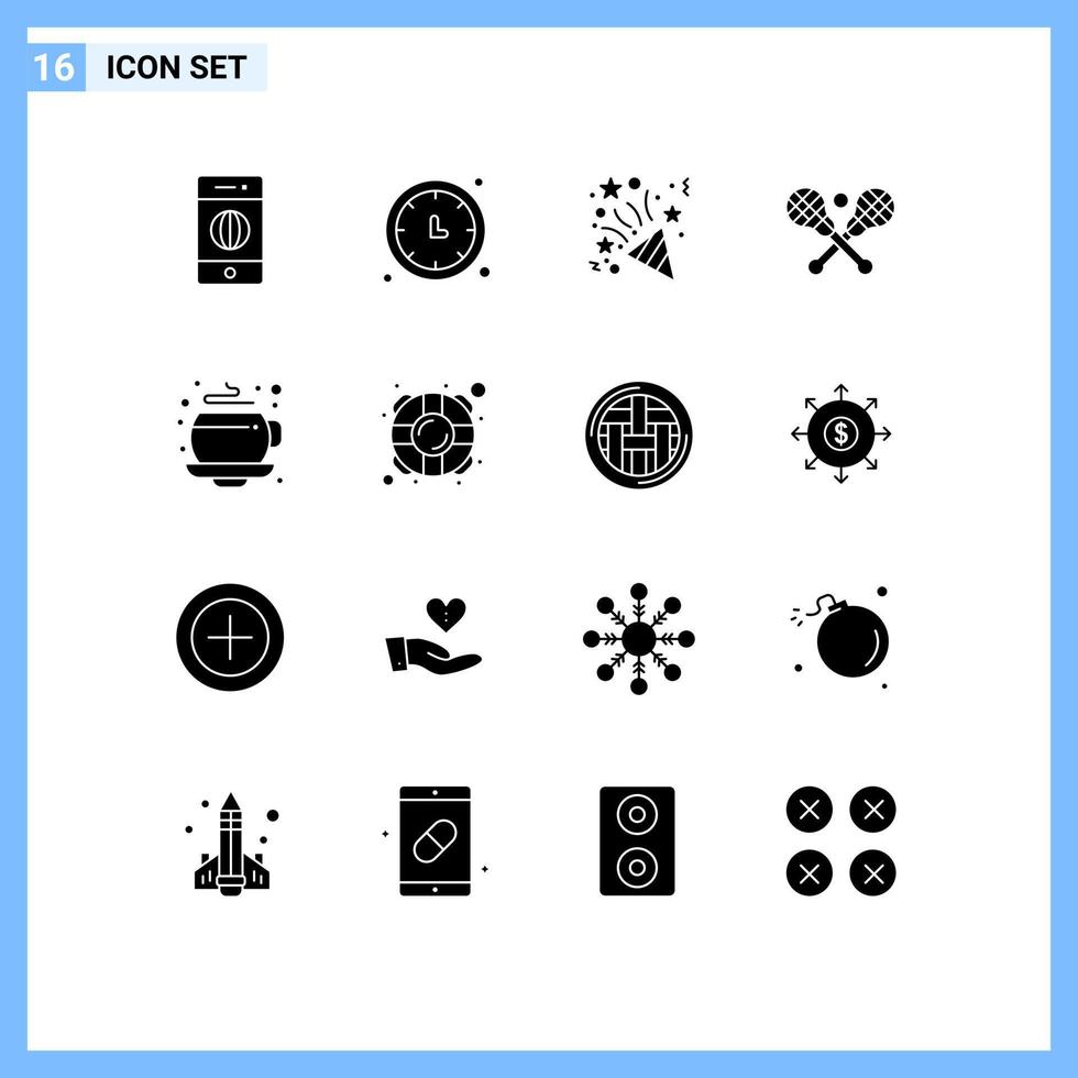 Set of 16 Modern UI Icons Symbols Signs for cup sticks wall clock stick crosse Editable Vector Design Elements