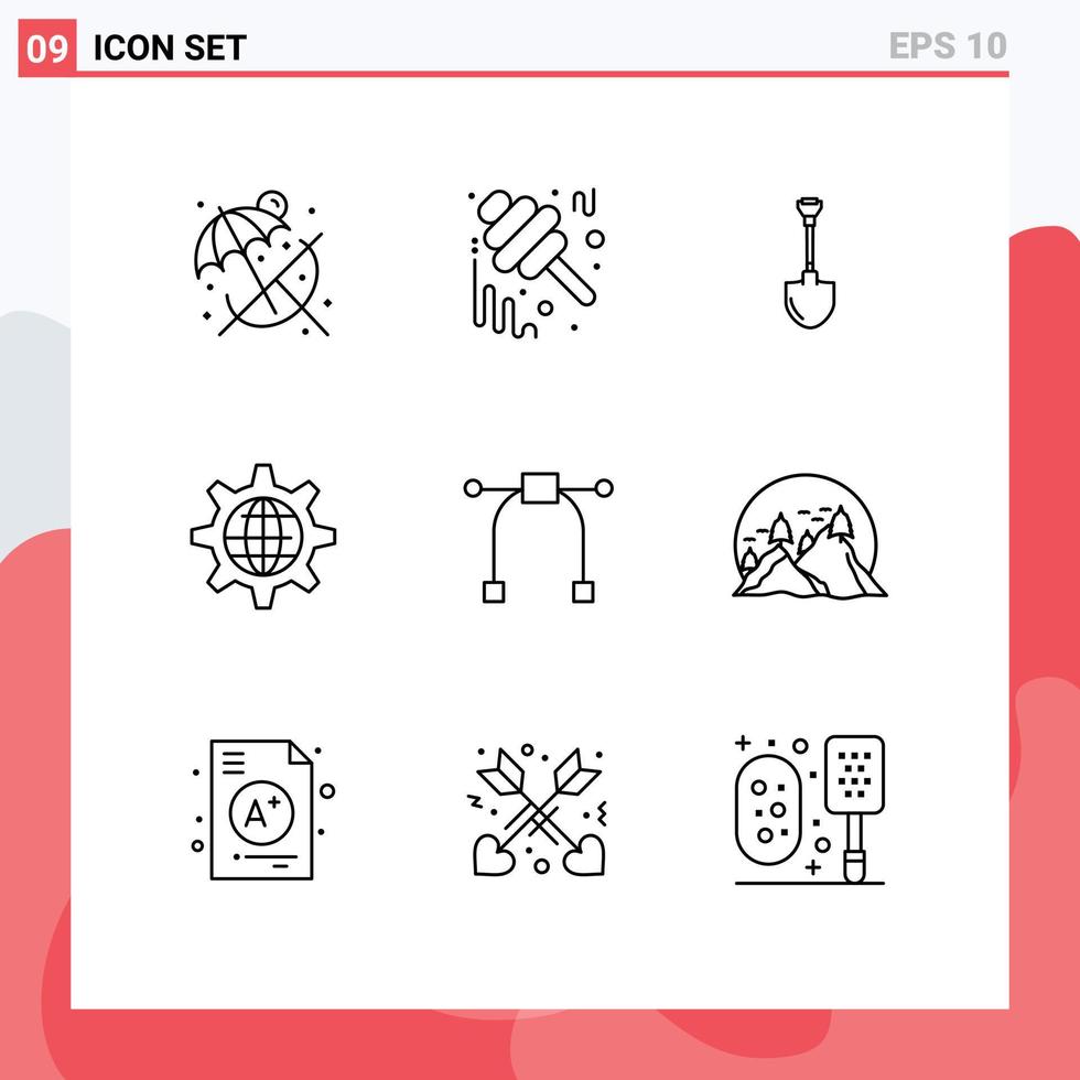 Universal Icon Symbols Group of 9 Modern Outlines of setting internet showel globe digging Editable Vector Design Elements