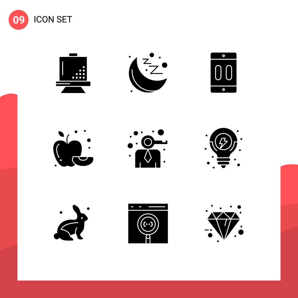 Solid Glyph Pack of 9 Universal Symbols of key fruit cellphone food pause Editable Vector Design Elements