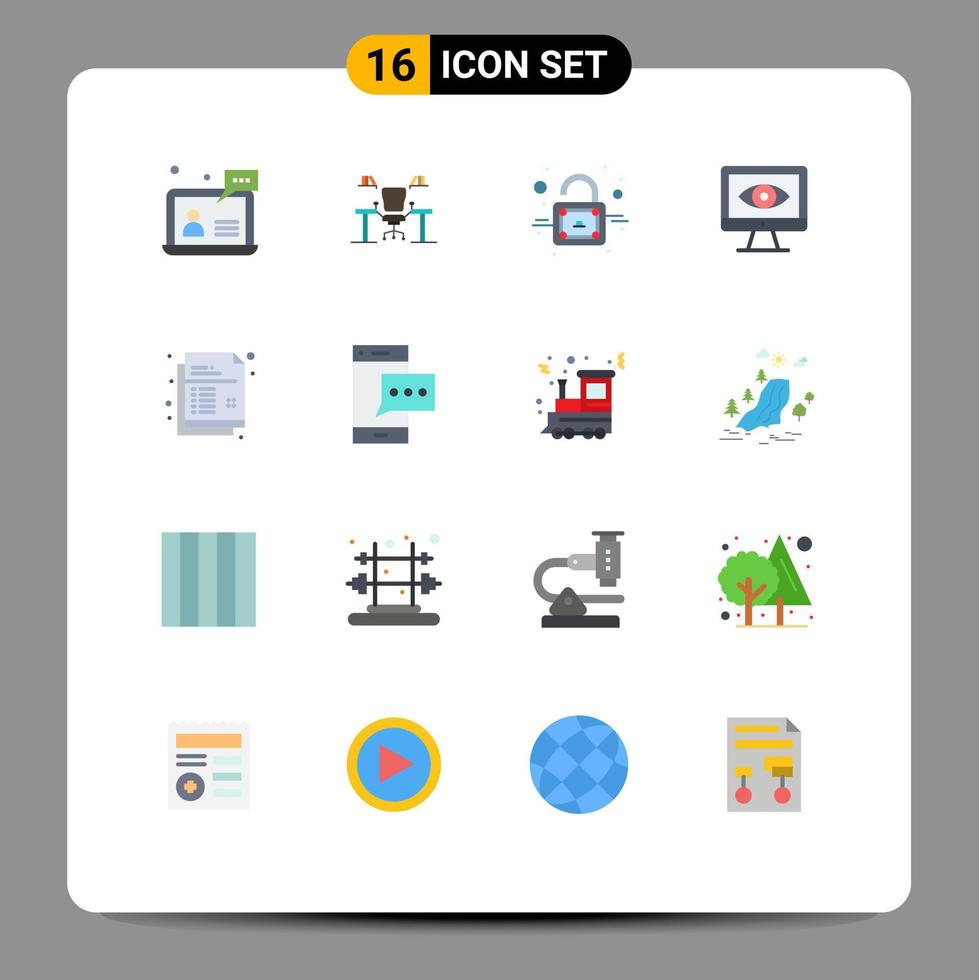 Set of 16 Commercial Flat Colors pack for surveillance computer computer unlock lock Editable Pack of Creative Vector Design Elements