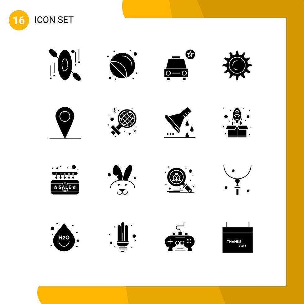 16 Universal Solid Glyphs Set for Web and Mobile Applications interface location car light sun Editable Vector Design Elements
