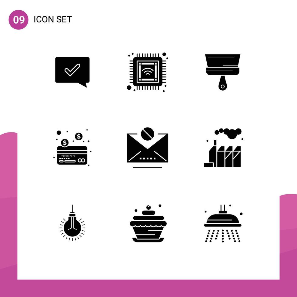 Group of 9 Solid Glyphs Signs and Symbols for mail email brush payment card Editable Vector Design Elements
