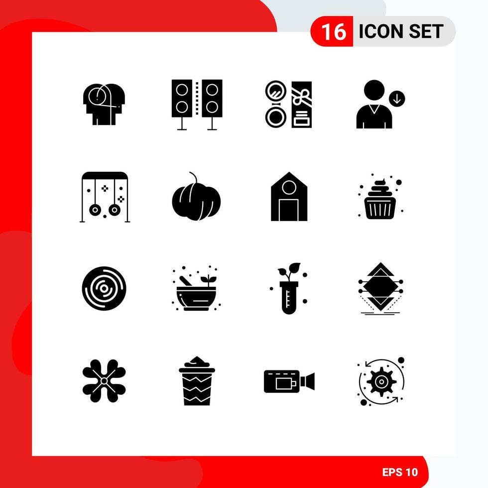 Mobile Interface Solid Glyph Set of 16 Pictograms of child next technology down make Editable Vector Design Elements