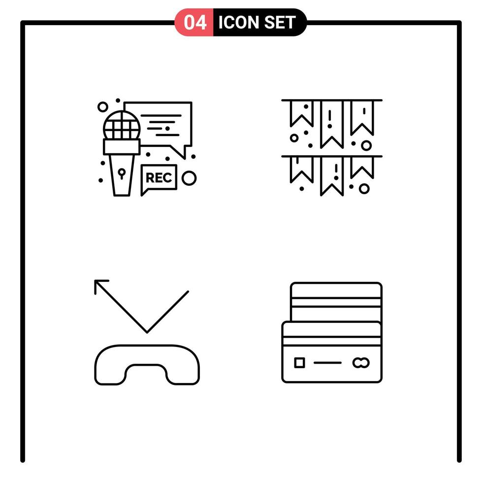 Mobile Interface Line Set of 4 Pictograms of mic missed program flag card Editable Vector Design Elements