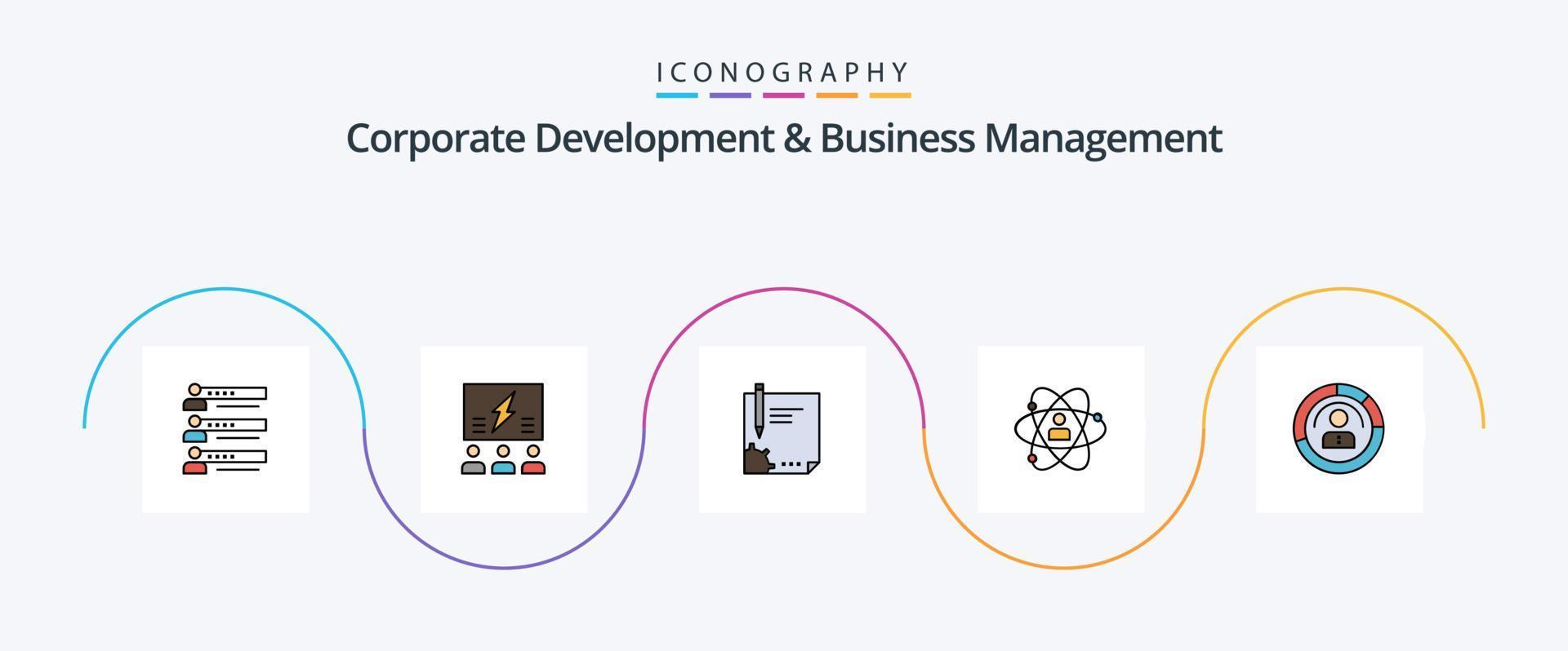 Corporate Development And Business Management Line Filled Flat 5 Icon Pack Including page. document. group. contract. think vector