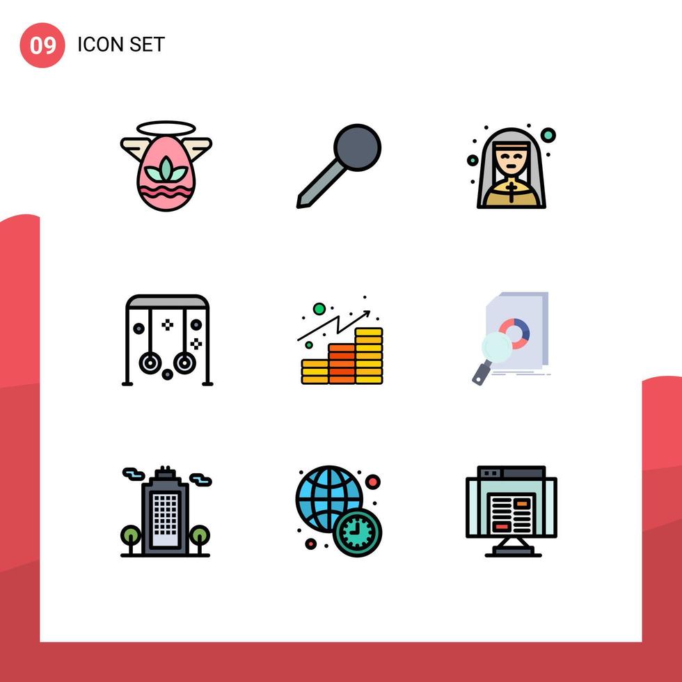 Mobile Interface Filledline Flat Color Set of 9 Pictograms of swing sport church park profession Editable Vector Design Elements