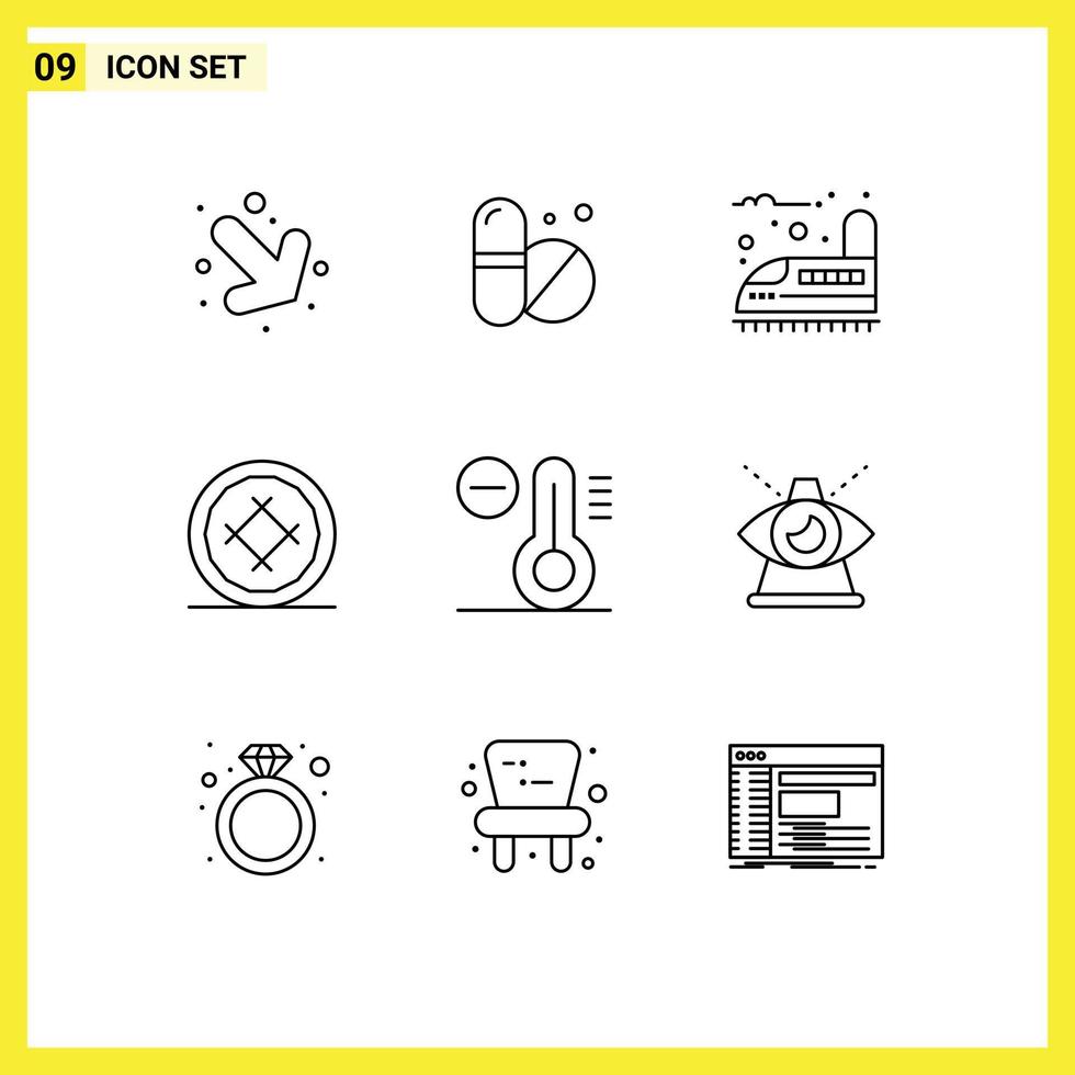 Pack of 9 Modern Outlines Signs and Symbols for Web Print Media such as temperature climate train pie dessert Editable Vector Design Elements