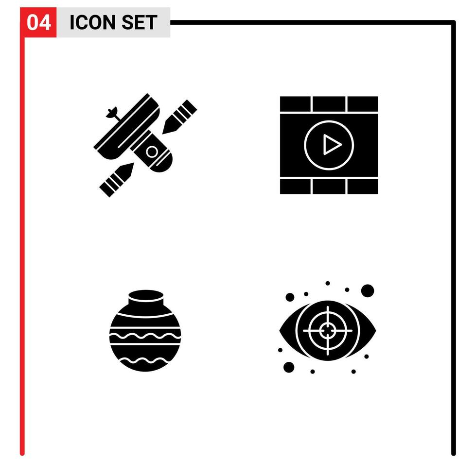 Pack of 4 creative Solid Glyphs of broadcast pot satellite media water Editable Vector Design Elements