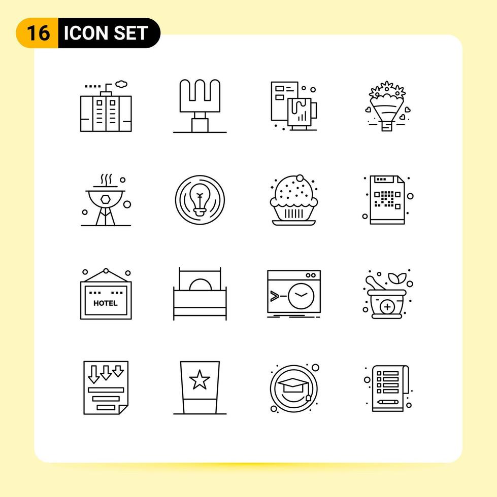 Set of 16 Vector Outlines on Grid for dish bbq process wedding love Editable Vector Design Elements