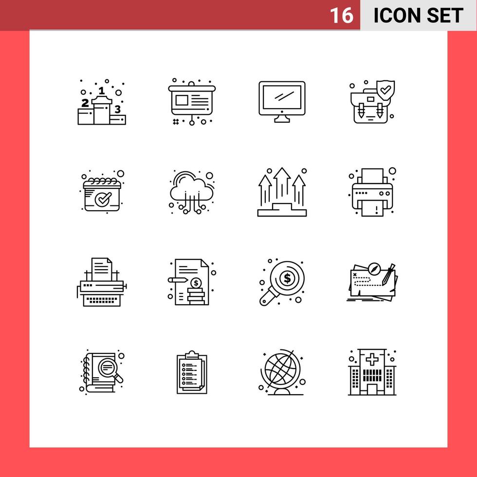 Outline Pack of 16 Universal Symbols of date shield monitor security handbag Editable Vector Design Elements