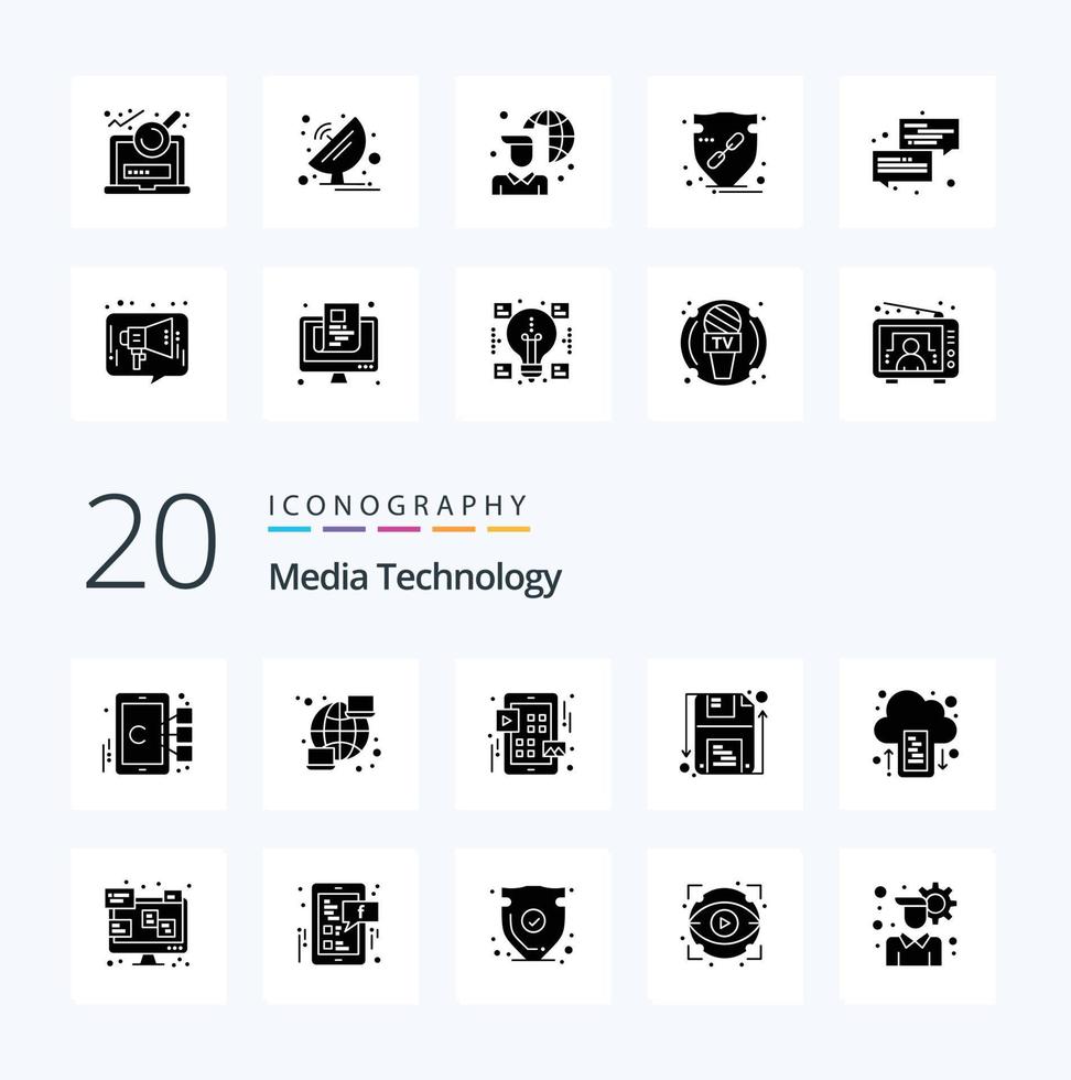 20 Media Technology Solid Glyph icon Pack like drive shape grid save disk vector