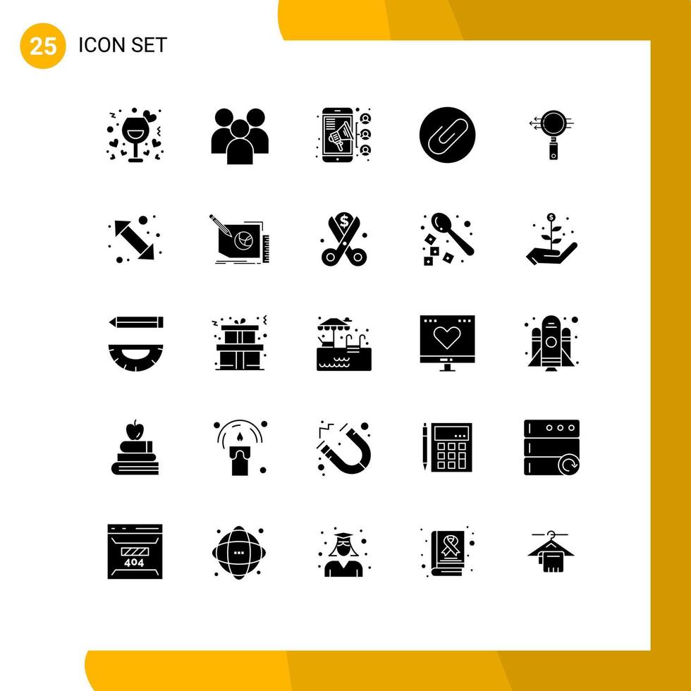 Mobile Interface Solid Glyph Set of 25 Pictograms of search attachment organization attach teamwork Editable Vector Design Elements