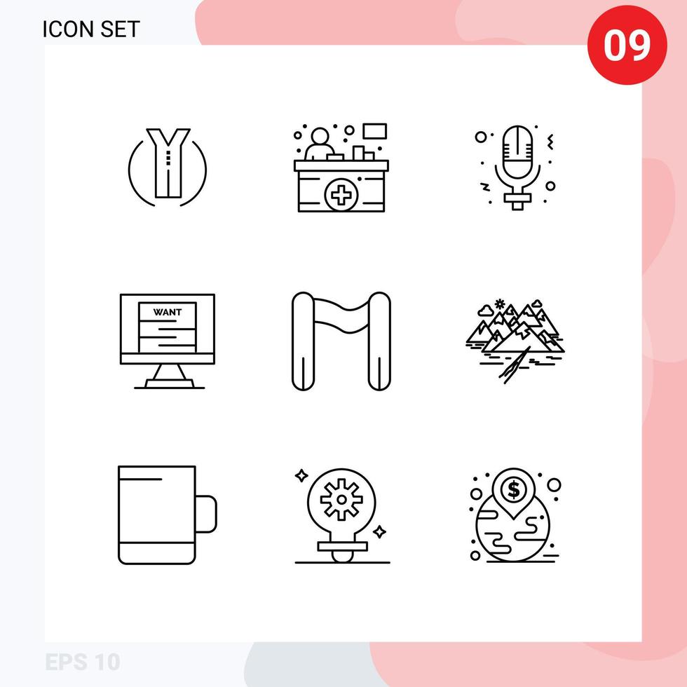 Stock Vector Icon Pack of 9 Line Signs and Symbols for sport wanted day technology bandit Editable Vector Design Elements