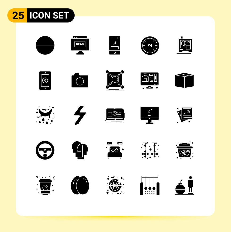 Modern Set of 25 Solid Glyphs Pictograph of printing night missed e commerce Editable Vector Design Elements