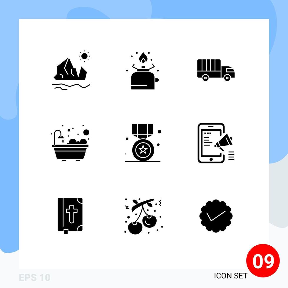 9 Solid Glyph concept for Websites Mobile and Apps award bathtub picnic bathroom transport Editable Vector Design Elements