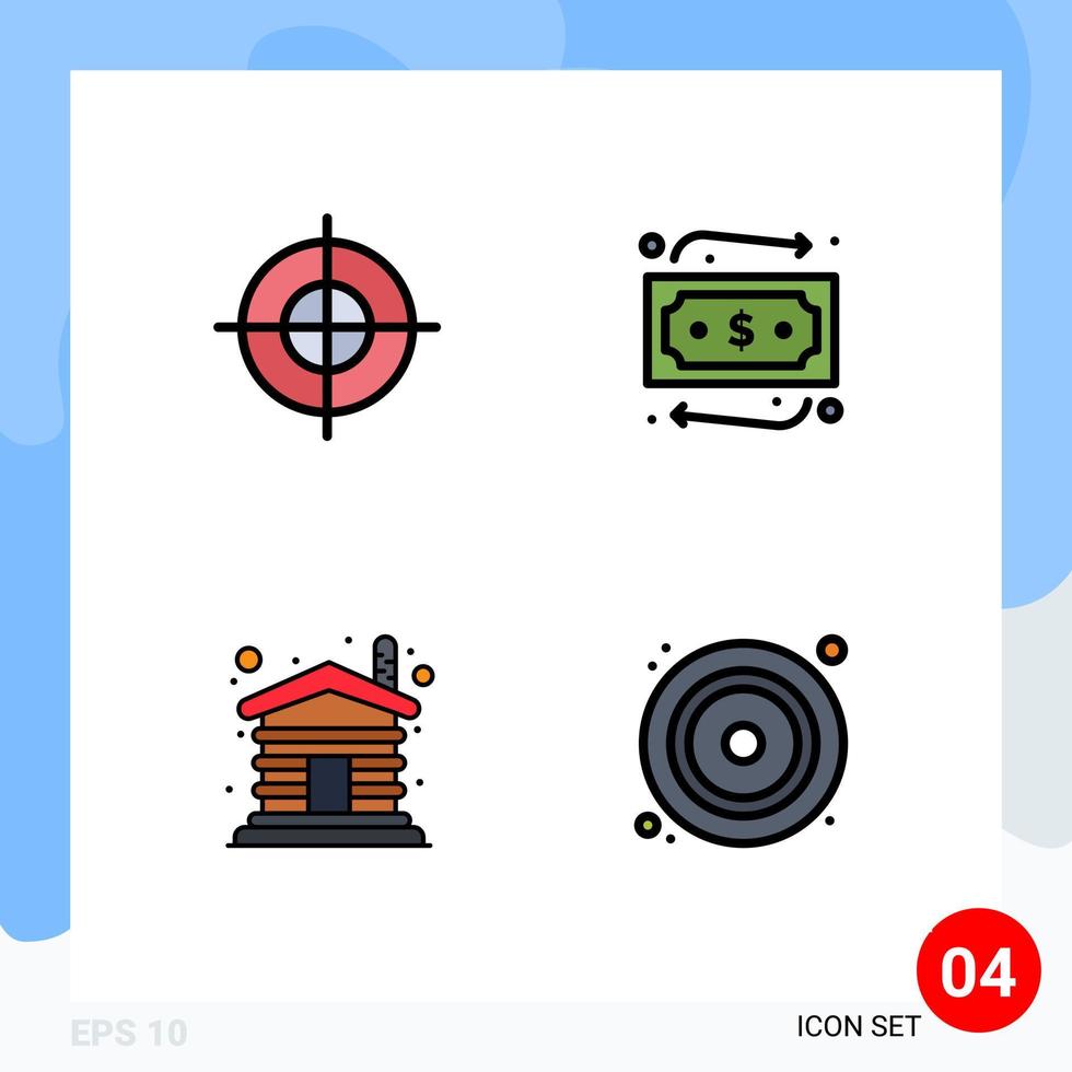 Modern Set of 4 Filledline Flat Colors Pictograph of aim wooden target travelling cd Editable Vector Design Elements