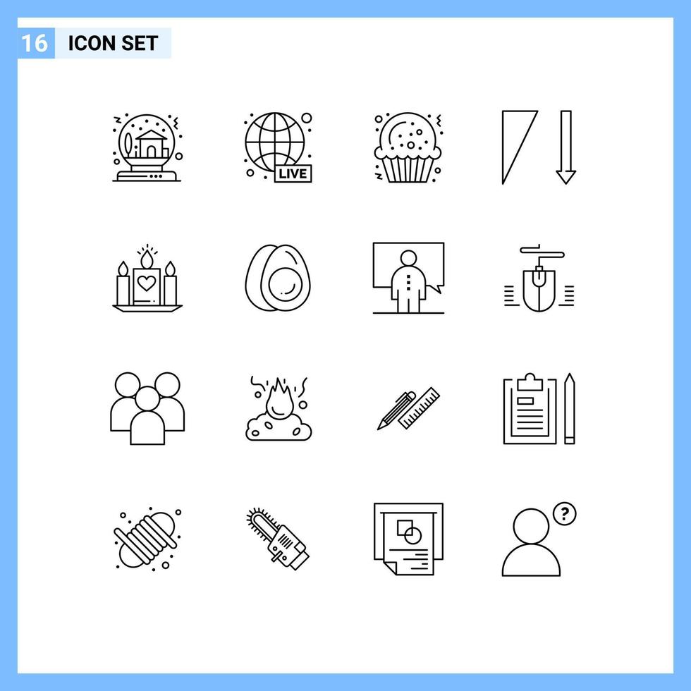 Set of 16 Modern UI Icons Symbols Signs for heart candle world wide sorting descending Editable Vector Design Elements
