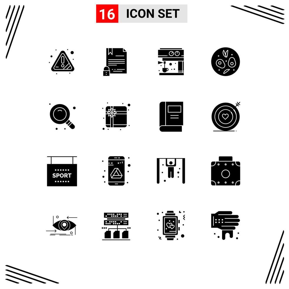 Modern Set of 16 Solid Glyphs Pictograph of find search internet drink salad Editable Vector Design Elements