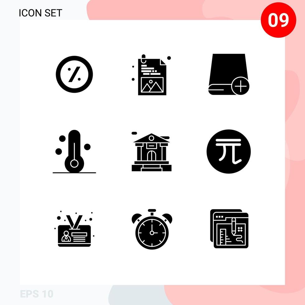 Set of 9 Commercial Solid Glyphs pack for building bank devices weather temperature Editable Vector Design Elements