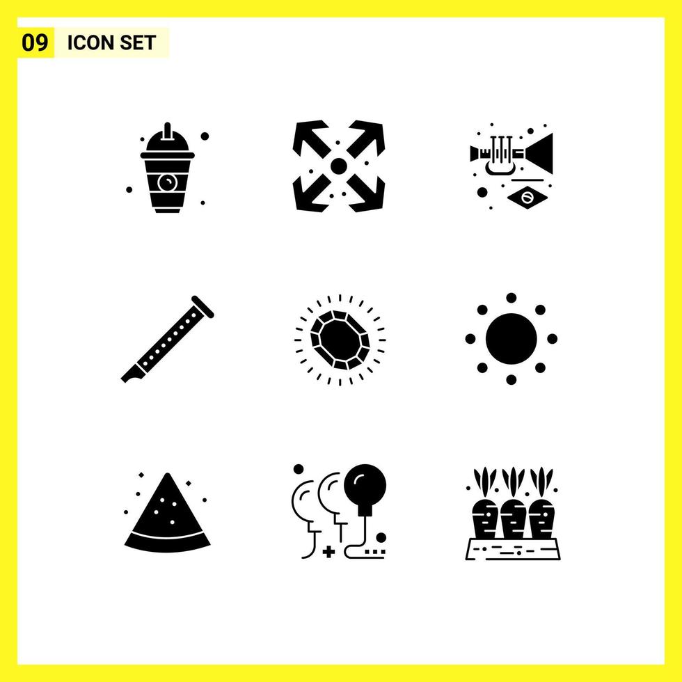 Pack of 9 Modern Solid Glyphs Signs and Symbols for Web Print Media such as jewelry sound music music flute Editable Vector Design Elements