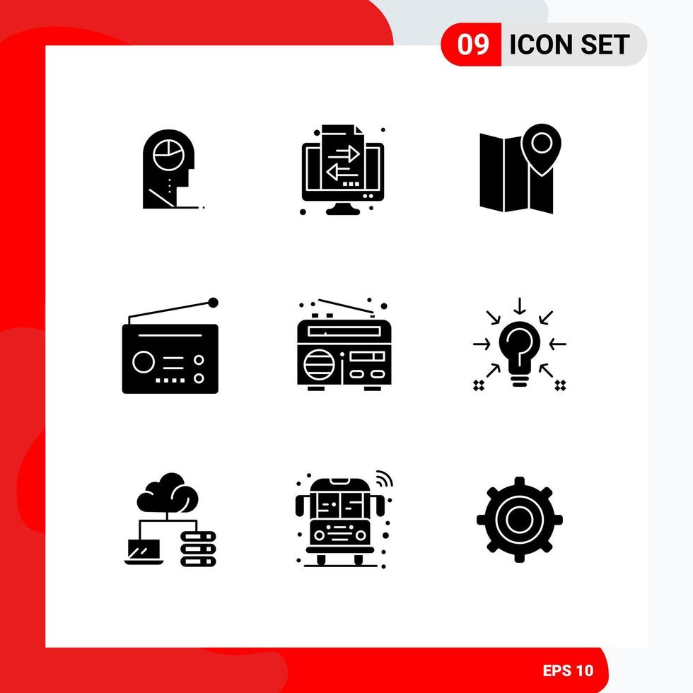 Pack of 9 creative Solid Glyphs of news technology location radio devices Editable Vector Design Elements