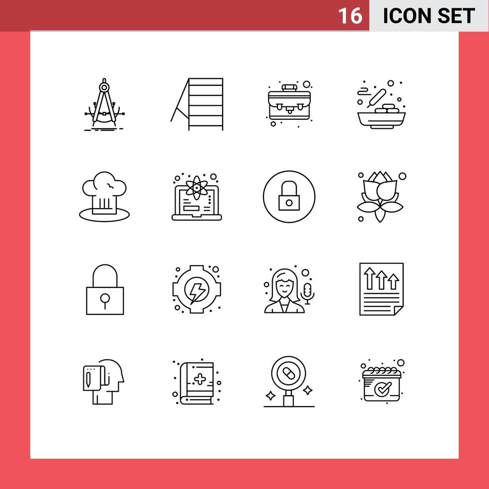 Group of 16 Outlines Signs and Symbols for chef hat cafe case soup chinese food Editable Vector Design Elements
