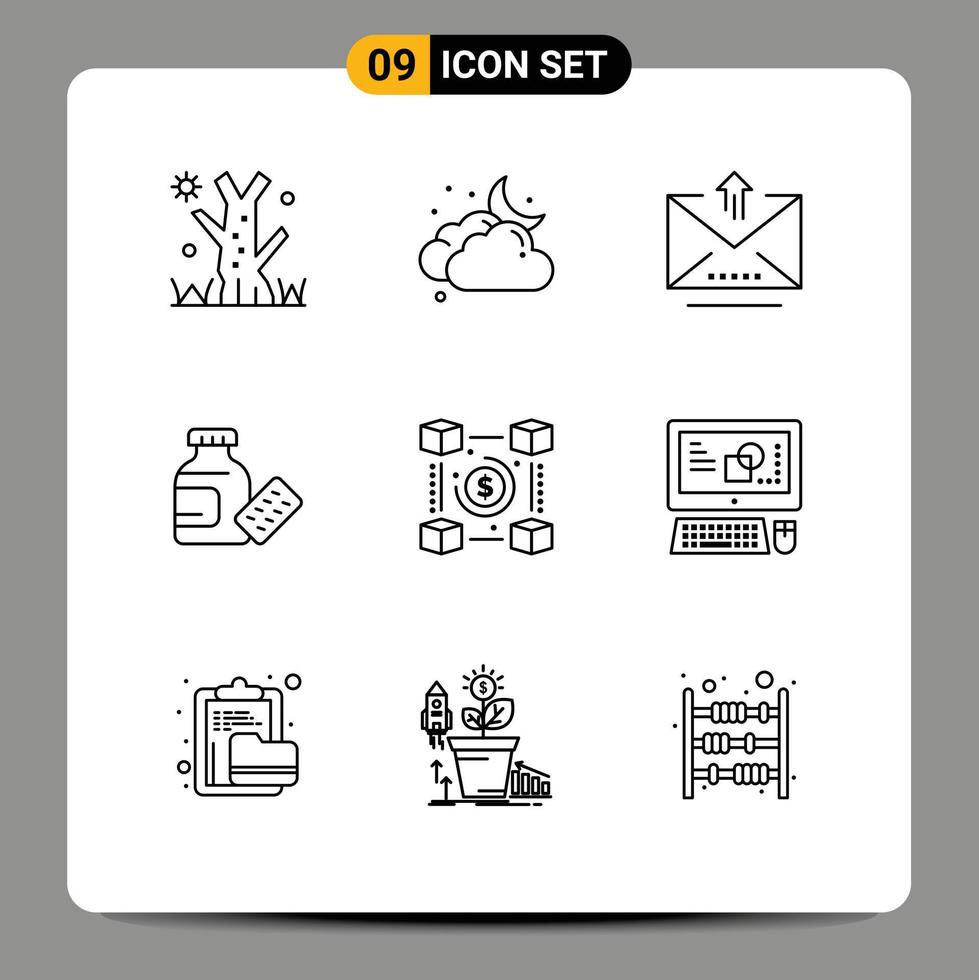 9 Outline concept for Websites Mobile and Apps pp currency letter blockchain medicine Editable Vector Design Elements