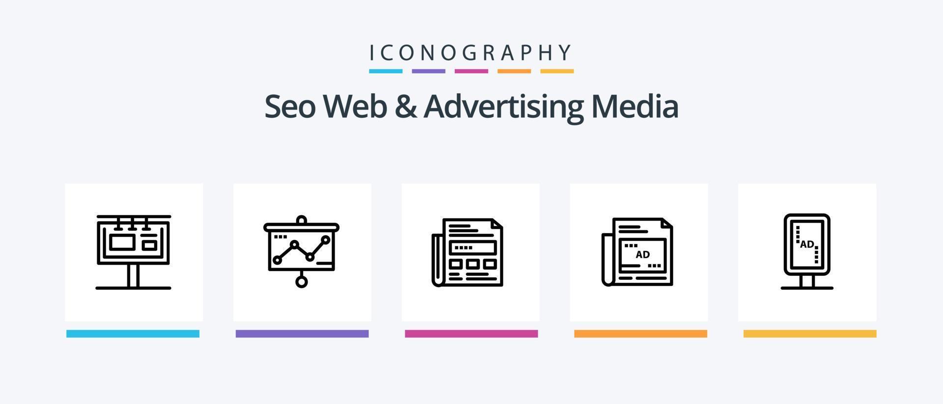 seo web y publicidad media línea 5 paquete de iconos que incluye tablero. papel. oficina de correos. anuncio. pasar. diseño de iconos creativos vector