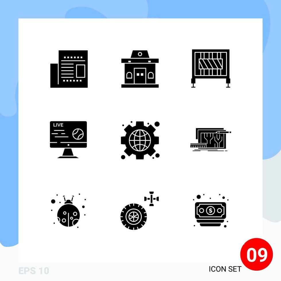 Pack of 9 Modern Solid Glyphs Signs and Symbols for Web Print Media such as gear sport barrier soccer football Editable Vector Design Elements